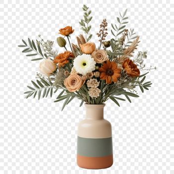 A close-up view of a colorful bouquet of flowers with a clear transparent background.