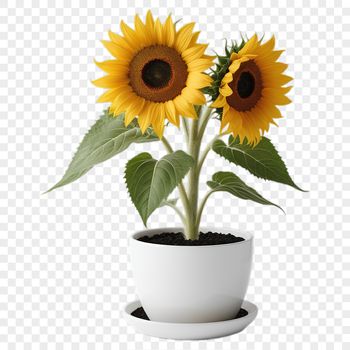 A bright yellow sunflower with large petals, grown in a flower pot on a clear background.