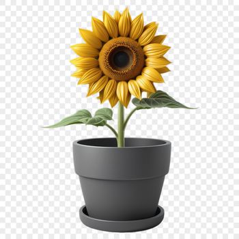 A high-resolution image of a single sunflower in a white flower pot on a clear background.