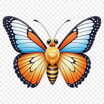 A colorful butterfly with intricate patterns on its wings, set against a clear background.