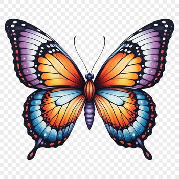 A colorful butterfly with intricate patterns spreads its wings against a clear background.