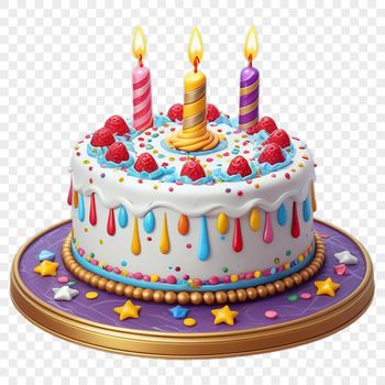 A round birthday cake with candles on top, perfect for personal or commercial use as a template for DIY projects.