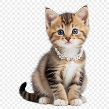A cute gray kitten sitting on a surface with a clear background.