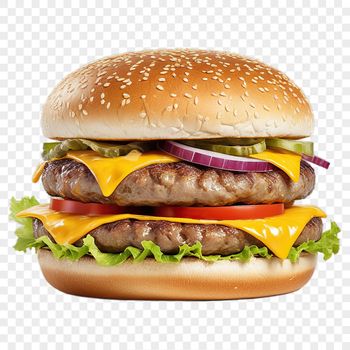 A detailed illustration of a classic cheeseburger made up of a hamburger patty topped with melted cheese and condiments.