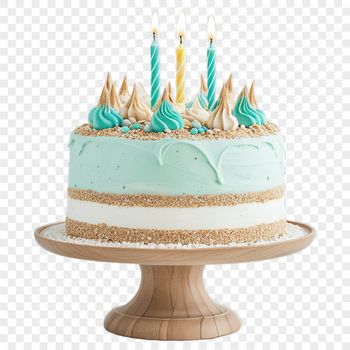 Colorful birthday cake with candles on a clear transparent background.