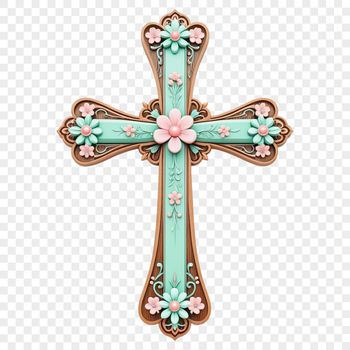 High-resolution illustration of a cross featuring floral patterns in a simple, religious design.