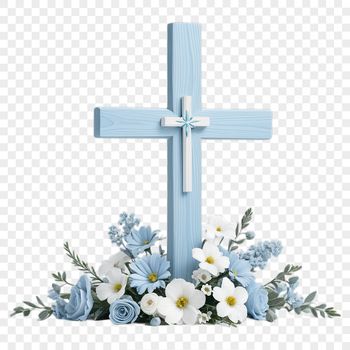 Transparent PNG image of a crucified cross with simple floral patterns in the background.
