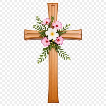 A transparent PNG image of a cross with floral patterns on the arms.