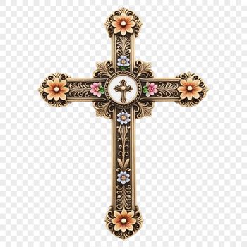 Transparent graphic illustration of a silver crucifix on a clear background with a simple floral pattern.