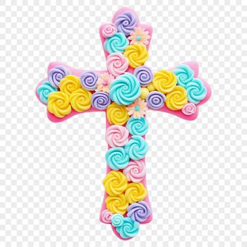 A simple transparent PNG image of a silver-colored cross with floral motifs and religious iconography.