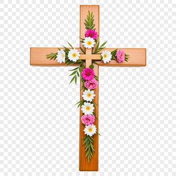 A transparent graphic representation of a Christian cross featuring intricate details.
