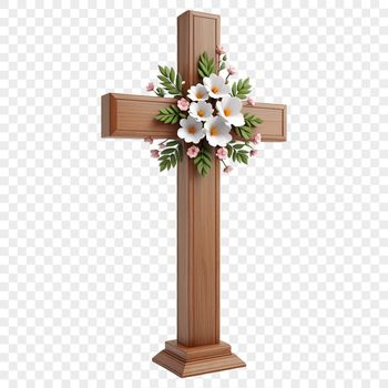 A transparent PNG image of a traditional cross with floral motifs.