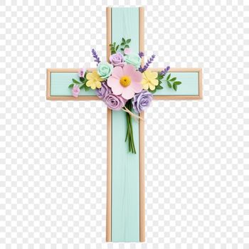 A transparent PNG image of a simple cross with floral patterns on its frame.