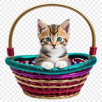 A transparent PNG image of a colorful kitten sitting inside a woven basket.