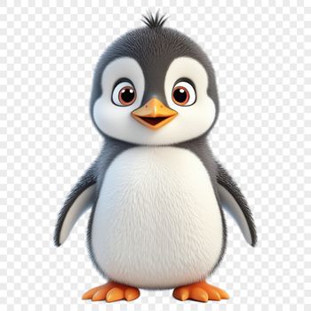 A small penguin chick standing on ice, with a clear background.