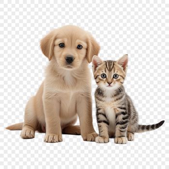 A digital image of a cute puppy and kitten standing together on a transparent background.