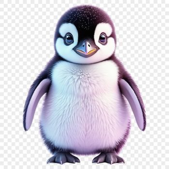 A cute baby penguin standing on a rocky shoreline, with clear blue water in the background.