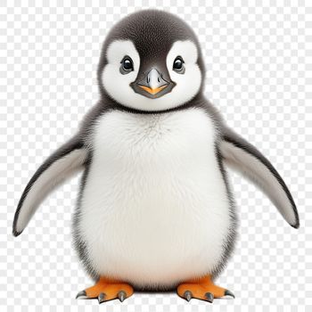A small penguin chick standing on the ice with a clear blue background.