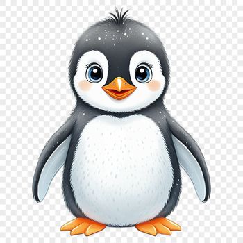 A baby penguin standing on the ice, with a clear blue background.