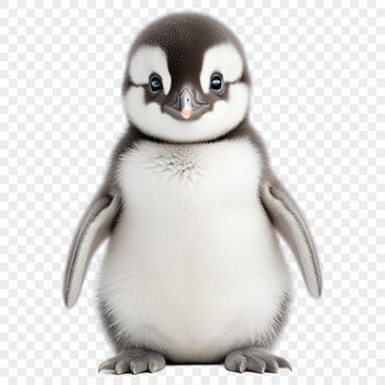 A small penguin chick with fluffy feathers, standing on one foot, looking cute and alert.