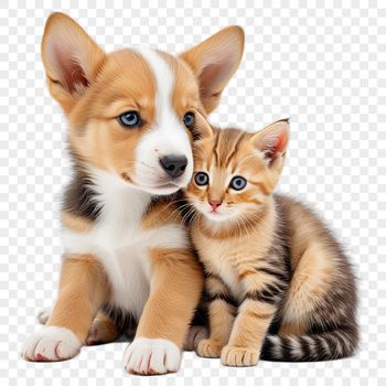 A cute puppy and kitten sitting together on a transparent background, suitable for commercial and personal use.