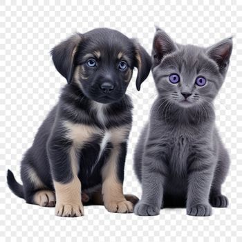 A high-resolution transparent illustration of a playful puppy and kitten sitting together on a clear background.