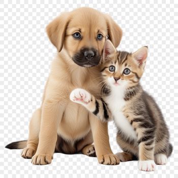 A playful puppy and kitten duo posing together on a transparent background.