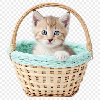 A transparent PNG image of a colorful kitten sitting in a woven basket.