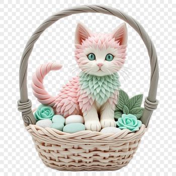 A transparent PNG image of a cute kitten sitting in a woven basket.
