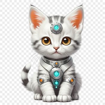 A small domestic cat with white fur and bright eyes sits on a surface, against a transparent background.