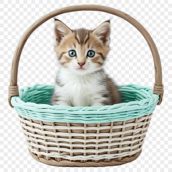 A clear background PNG graphic featuring a cute kitten lounging in a colorful basket.
