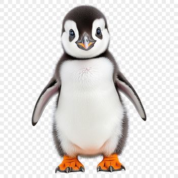 A small, adorable penguin chick standing on its feet in a simple transparent background.