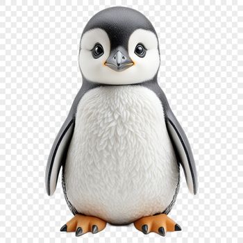 A small, fluffy penguin chick standing on the ice.