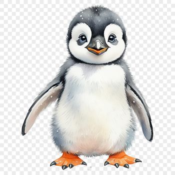 A small, adorable penguin chick with fluffy feathers and a big beak, set against a clear background.