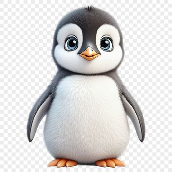 A small, fluffy baby penguin with black and white feathers.
