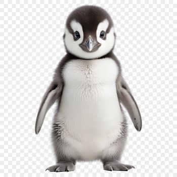 A small, adorable penguin chick perched on a snow-covered iceberg.
