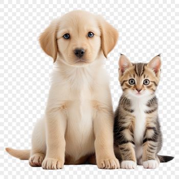 A digital illustration of a cute puppy and kitten sitting together in a transparent PNG format.