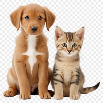 A cute, colorful illustration of a puppy and kitten sitting together on a transparent background.