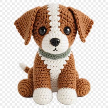 A small, adorable dog made from crochet patterns in transparent PNG format.