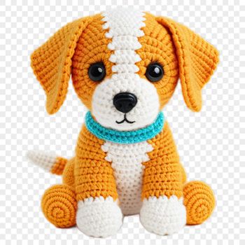 A small, adorable puppy figurine made from crochet, with a clear transparent background.