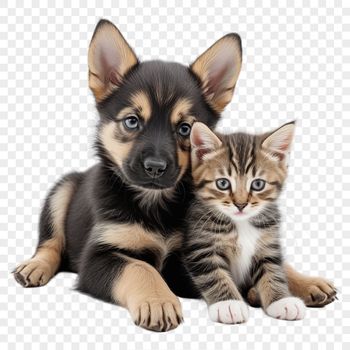 A young puppy and kitten standing together on a transparent background.