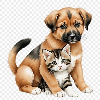 A cute puppy and kitten sitting together on a clear background in a PNG file.