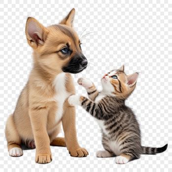 A high-resolution illustration of a playful puppy and kitten in a single PNG file.
