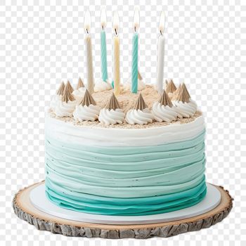 A colorful birthday cake with multiple layers, topped with candles and decorations.