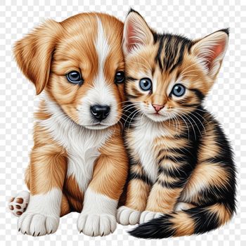 A cute puppy kitten standing together, with clear background for high-resolution printing.