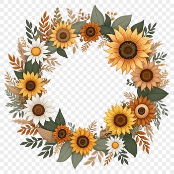 A digital floral wreath made with sunflowers on a transparent background, suitable for various commercial uses.