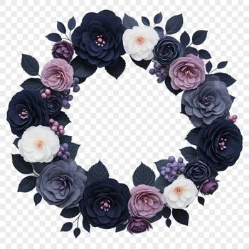 A floral wreath made up of various flowers arranged in a circular shape against a transparent background.