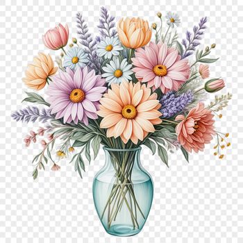 A bouquet of colorful flowers arranged in a decorative shape with a clear transparent background.