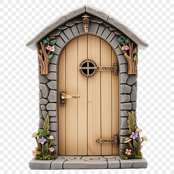 A small, transparent PNG image of a whimsical fairy door with intricate details.