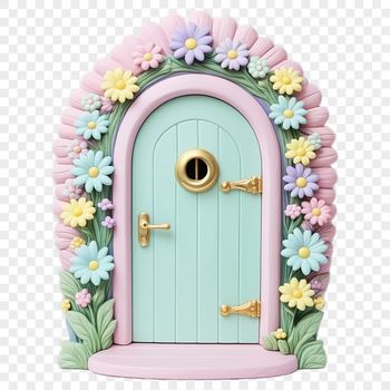 A small, intricately designed fairy door with a clear background, suitable for high-resolution printing or digital use.